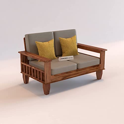 Image of Sheesham Wooden 2 Seater Sofa for Living Room | Rosewood 2 Seater Cushion Sofa with Side Newspaper Holder for Home & Office | Solid Wood Sofa Set for Lounge (Honey)