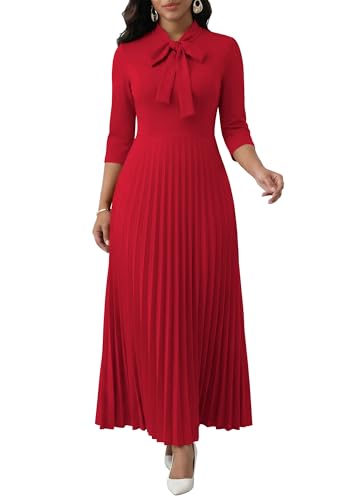 Image of FANDEE Maxi Dress for Women Formal 3 /4 Sleeve Pleated Empire Long Dress Semi Formal Tie Neck Office Work Dresses