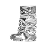 sexytag Fold Over Boots for Women Metallic Mid Calf Slouchy Platform Round Toe Silver Combat Pull-On Fashion Shark Booties Silver Size 7