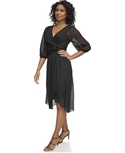 Image of DKNY Women's 3 /4 Balloon Sleeve Twist Front Chiffon Midi Dress