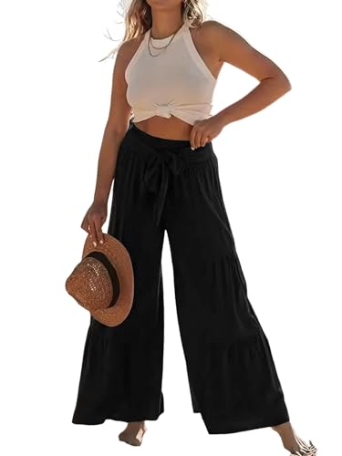 Women’s Solid Color Wide Leg Pants with Pockets Summer Long Pants 2024 Outdoor Loose Fit Pants