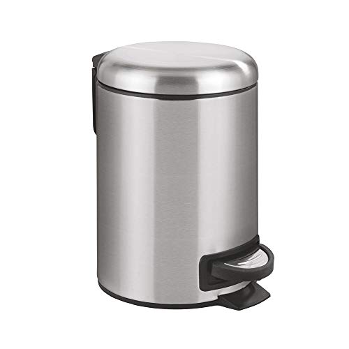 WENKO Kosmetikeimer 3 Liter, rostfreier Edelstahl, mit Absenkautomatik, Anti-Fingerprint, herausnehmbarer Inneneimer mit Müllbeutelhalter, Mülleimer fürs Bad mit Tretfunktion, matt, Mod. Leman