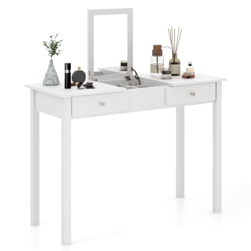 GOFLAME 2-in-1 Vanity Desk with Flip-Top Mirror, Makeup Vanity Table with 2 Drawers and Hidden Storage Compartment, Dressing Table and Writing Desk for Small Space, Bedroom, Living Room, White