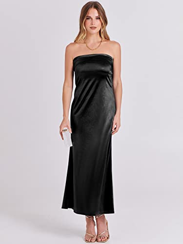 Anrabess Womens Summer Wedding Guest Maxi Dress Fall Strapless Satin Tube Bodycon Backless Cocktail Formal Homecoming Dresses Black Small thumb #8