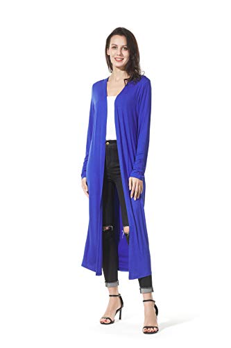 Image of Women's Solid Sweater Essential Duster Long Cascading Open Front Lightweight Blue Cardigan