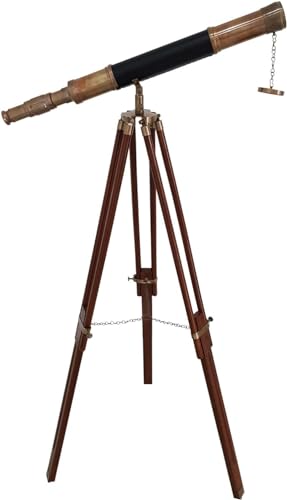 Single Barrel Vintage Floor Standing Telescope Black Leather Nautical Brown Wooden Tripod Antique Finish Telescope Office & Home Decor