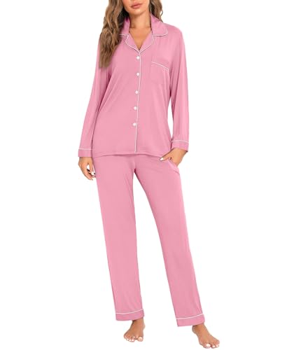 Image of Women's Pajama Sets Long Sleeve Sleepwear Button Up Shirt With Pajama Pants Soft Pjs Lounge Sets