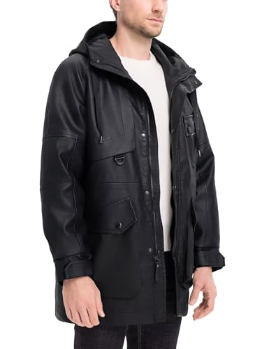 BEST SOUTH Men's Faux Leather Jacket Long Winter Coat Motorcycle Warm Casual Bomber Hood3