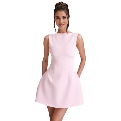 Image of JUMISEE Women's Sleeveless Formal Mini Dress Elegant Backless A Line Tank Dress Bodycon Short Dresses for Office Work Party Pink