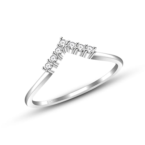 925 Sterling Silver Stackable V-Shape Ring - Elegant Protective Ring Wrap with Cubic Zirconia - Birthday Anniversary Engagement Wedding S925 Silver Jewelry for Women Bridal YA5468