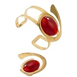 Hujnagh Black and Gold Tone Bracelet and Ring Set - Open Cuff Bangle, Oversized Oval Black Acrylic Jewelry for Women, Fashion Accessories Set (Red)