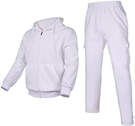 Bellnorth men's tracksuit sets outfit Activewear fleece hoodie jacket & cargo sweatpant 2 piece for big tall outdoor Activewear plus size(white,5XL)