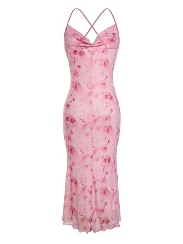 Image of SOLY HUX Women's Floral Mesh Bodycon Cami Dress Cowl Neck Sleeveless Cocktail Party Wedding Guest Long Maxi Dresses