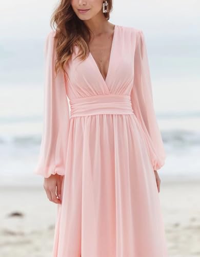 Rmaytiked Long Sleeves Bridesmaid Dresses with Slit V Neck Chiffon Wedding Guest Gowns Formal Evening Dresses for Women4