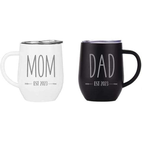 Pregnancy Gift Est 2023- Mom Est 2023 DAD Est 2023 ENGRAVED Stainless Steel Coffee Tumblers - Gift Set for New Parents to Be-Baby Shower Gifts for Parents -Mom and Dad Mugs for Expecting Parents Cover