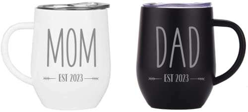 Image of Pregnancy Gift Est 2023- Mom Est 2023 DAD Est 2023 ENGRAVED Stainless Steel Coffee Tumblers - Gift Set for New Parents to Be-Baby Shower Gifts for Parents -Mom and Dad Mugs Expecting Parents