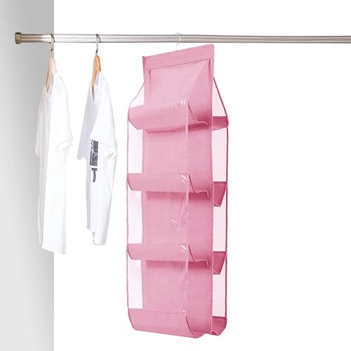 Image of 8 Pocket Hanging Handbag Organizer - Multi-Compartment Purse Storage with Adjustable Hooks - Space-Saving Closet Organizer for Handbags, Purses, Wallets - Durable, Home (Pink)