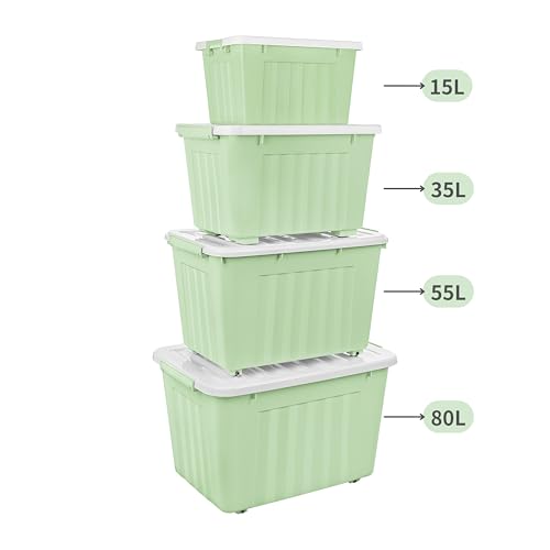 Cetomo 80L*4 Cajas de Almacenamiento con Tapas, Contenedores de Plástico con Ruedas, Clip On, Apilables, Encajables, Organizador Rayado para Oficina en Casa, Verde, 80L-4 Pack - imagen 8