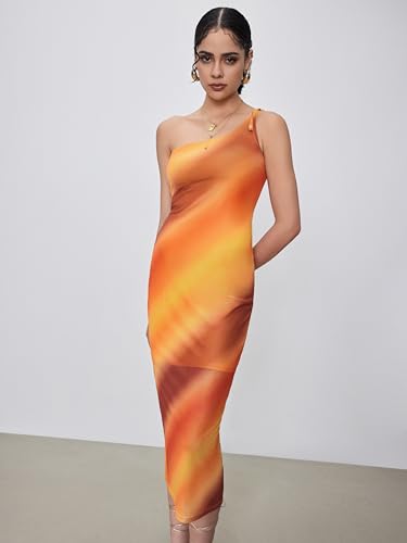 Image of CIDER Miami Sunset Vacation Mesh Asymmetrical Neck Ombre Midi Dress