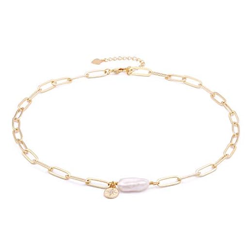 Aobei Pearl Chunky 18k Gold Chain Choker Necklace Freshwater Biwa Pearl Pendant CZ Starburst Charm Statement Jewelry for Women 16’’