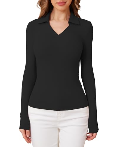WXXYCS Womens V Neck Long Sleeve Polo Shirts Slim Fitted Collared Business Casual Tops Basic T Shirts Fall Shirt,Black