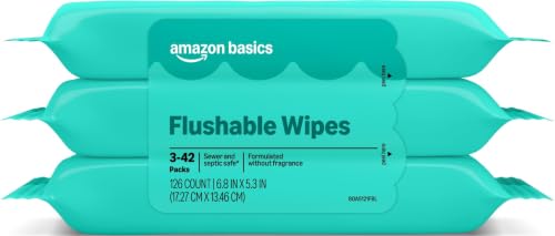 Amazon Basics Adult Wet Wipes Flushable Fragrance Free, 126 Count (3 Packs of 42), Packaging May Vary
