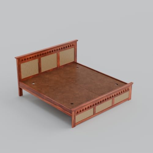Image of Sheesham Wood King Size Cane Bed Without Storage Wooden Double Cot Palang Furniture for Bedroom Living Room Home Hotel Honey Finish 1 Year Warranty
