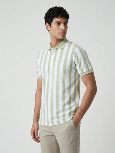 Image of Raymond Men Modern Fit Stripe Pattern Pure Cotton Polo Neck Half Sleeve Casual T-Shirt