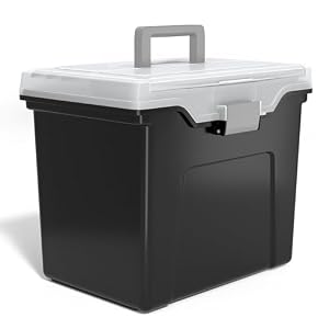 STAPLES File Folder Tote, Portable Filing Box, Letter Size Hanging Folders, Security Latch & Built-In Lid Organizer, Black/Clear