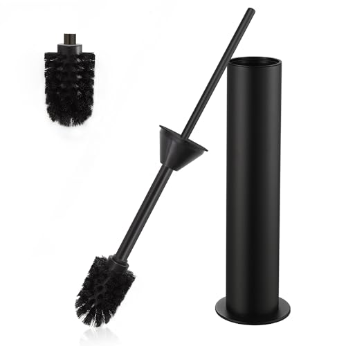 DAZI escobillas de baño de pie metallico,Cepillo y Soporte Lavabo niquel Cepillado con 2 Cabezales de escobilla WC de Mango Largo,escobillero baño Anti-Goteo y Anti-obstrucción (Negro Mate)