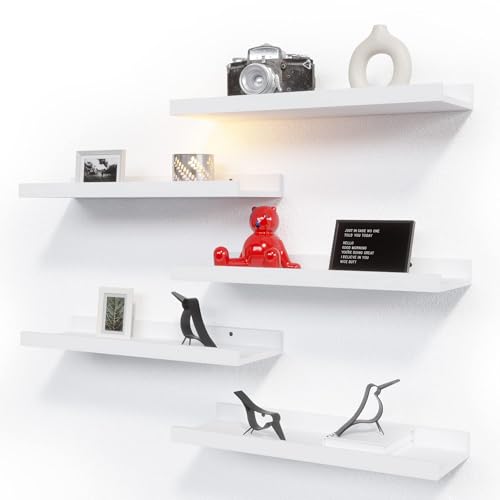 RICHER HOUSE 5 Set White Floating Shelves, Wall Mounted Shelves for Wall Decor, Modern Picture Ledge Shelf with Lip for Storage Nursery, Bedroom, Living Room, Bathroom - White