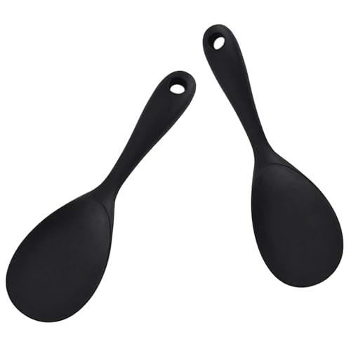 2 cucharas de arroz, paleta de arroz de silicona, cuchara de servir para cocinar arroz para remover y mezclar, color negro