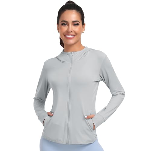 Cighay Camiseta feminina de manga comprida com capuz e proteção solar FPS 50+, leve, para caminhadas