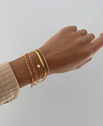Dearmay Gold Bracelets For Women, 14K Real Gold Jewelry Set For Women Cuban Link Beaded Chain Bracelets 18K Gold Plated Figaro Paperclip Rope Herringbone Cz Bracelet Pack Gifts For Women Teen Girls #TOP5