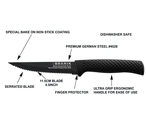 BRANIK Titanium Series Steak Knife Set of 4 – Premium Steel Serrated Steak Knives, 5-Inch Blades, Non-Slip Ergonomic Handles, Dishwasher Safe – Ideal for Dining, BBQs, Dinner Parties & Gifts – Black