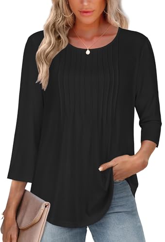 rosemia Womens Tops 3/4 Length Sleeve Blouses Dressy Casual Pleated Front T Shirts Loose Fit Tunic