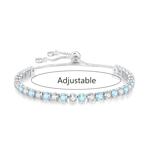 Mieoyue S925 Silver Bracelet for Women Adjustable Slider Crystal Tennis Bracelet Birthstone Jewellery Birthday Gifts (March)