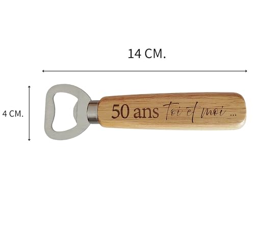 Décapsuleur en Bois Gravé 2 Faces - Cadeau 50 ans de mariage pour les Noces d'Or ou Anniversaire de Couple 50 ans, Cadeau Romantique et Unique Idéal Saint-Valentin, Noël – vue 2