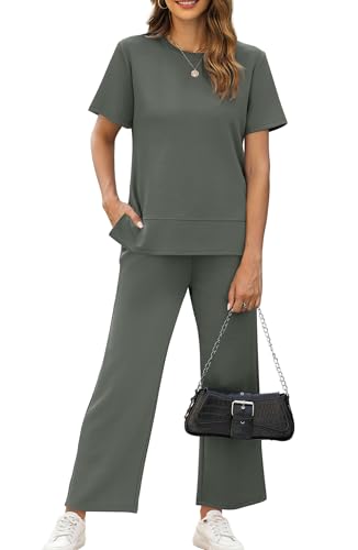 Image of XIEERDUO Women's Side Slit Lounge Sets 2026 Fashion 2 Piece Travel Outfits Cozy Loungewear Wide Leg Tracksuits S-3XL