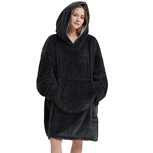 softan Blanket Hoodie, Oversized Comfy Wearable Blanket for Adult Women and Men Gifts, Super Cozy Warm and Soft Hooded Blanket Sweatshirt, Dark Grey Faux Fur Blanket Sweatshirt with Large Pocket