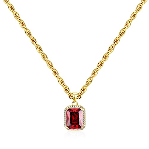 Baguette Stone Rope Necklace Roman Rope Statement Necklace | Gold Rope Chain Baguette Pendant Necklace | 18K Gold Plated Chain 20''-22'' Adjustable (Ruby Cz) #TOP28