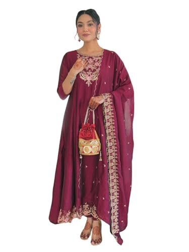 Image of Naixa Women's Vichitra Silk Embroidered A-Line Kurta with Pant and Dupatta Sets (Available in Plus Size) (NX-656)