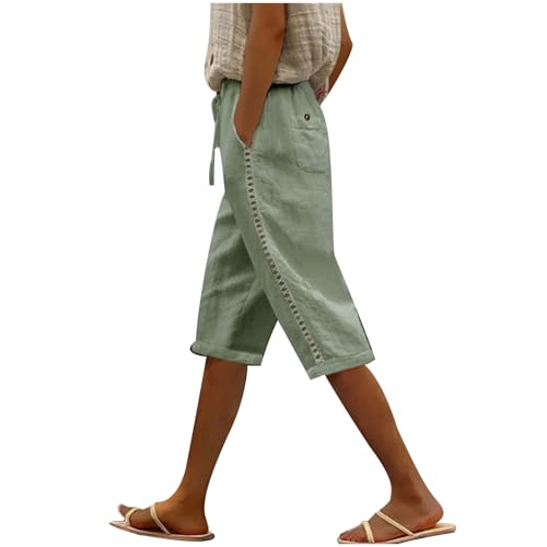 Womens Knee Length Shorts Cropped Linen Trousers Casual Plain Drawstring Capri Pants with Pockets Ladies Lightweight Loose Shorts Summer Comfy Lounge Pants for Daily Travel Vacation