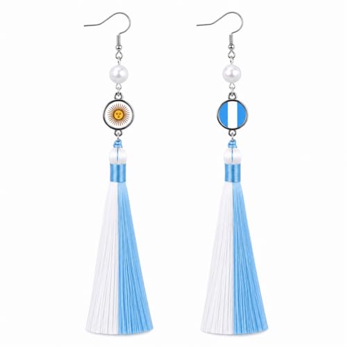 Premium Handmade Argentina Flag Tassel Earrings for Women Luxury Silver Plated Fan Jewelry Festival Gift