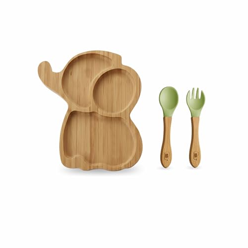 Image of Kids Station Elephant Wooden Feeding Plate with Spoon and Fork for Babies - Green | Eco-Friendly Self-Feeding Baby Tableware Set (3 pcs)