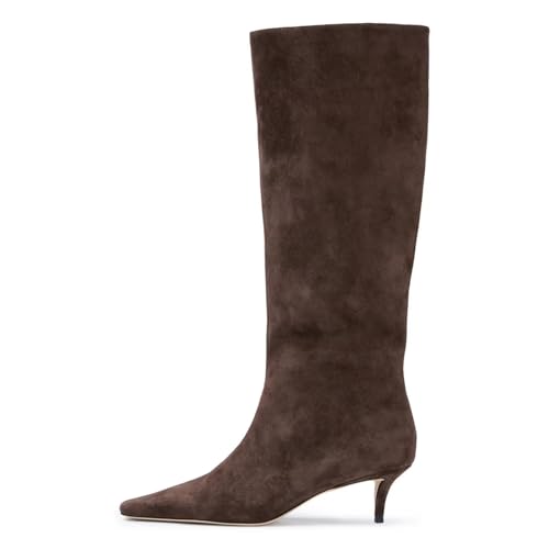 Agodor Women's Stiletto Knee High Boots Pointed Toe High Heel Faux Suede Leather Side Zipper Boots