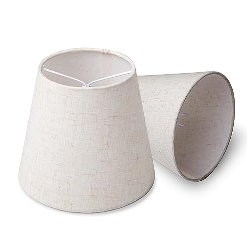 Small Lamp Shade Clip on Bulb for Candelabra Bulbs Mini Lampshades for Chandeliers Home Decor Barrel Beige Fabric Linen Lampshade for Table Chandelier Wall Lamp Ceiling Lamps 4x6x5 Inch (2 BEIGE)