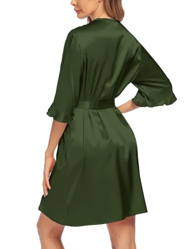Image of Ekouaer Women's Satin Robe Valentines Lingerie for Women Kimono Bathrobe Short Ruffle Belted Robes Bridesmaids Sleepwear