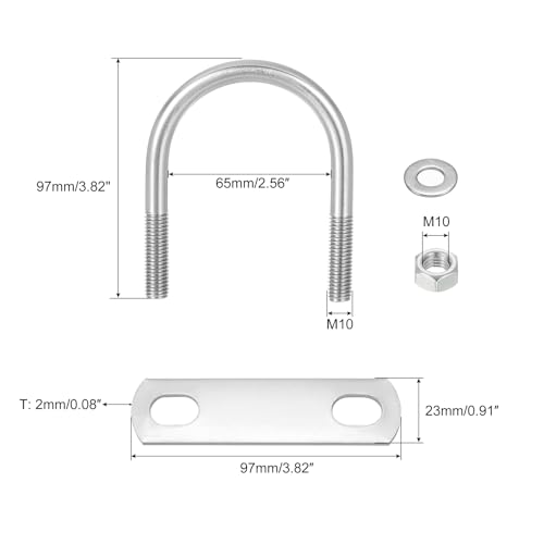 Image of uxcell Round U-Bolts, 4 Sets 65mm(2.56 inch) Inner Width 97mm Length M10 304 Stainless Steel U Clamp Bolt with Nuts and Plates, for Boat Trailer