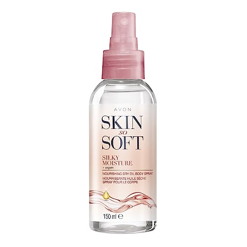 Avon Skin So Soft Silky Moisture - Aceite seco nutritivo en aerosol de 150 ml, bloquea la humedad, formulado con aceite de argán, fórmula de secado rápido, libre de crueldad animal
